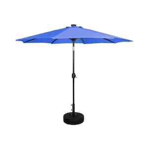 Marina 9 ft. Solar LED Market Patio Umbrella with Black Round Free Standing Base in Royal Blue