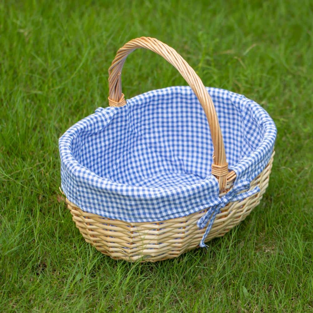 Large Natural Wicker Picnic Basket with Blue Plaid Liner