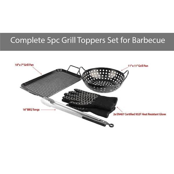 Pitmaster King Ultimate 5pc Grill Cleaning Tool Set with Stainless Steel Scrapers for Grates and Extended Handles for Heat Resistance