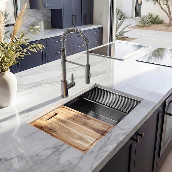 27 in Drop-In Single Bowl 18 Gauge Gunmetal Black Stainless Steel Workstation Kitchen Sink with Black Spring Neck Faucet