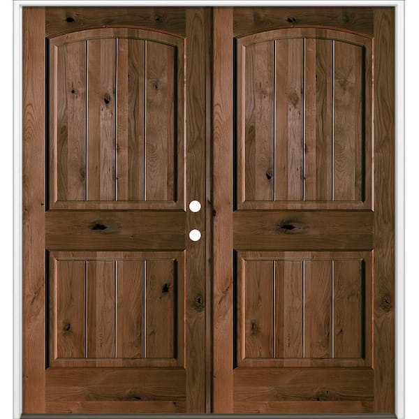 64 in. x 80 in. Rustic Knotty Alder Arch Top VG Left-Hand/Inswing Double BEHR Espresso Stain Wood Prehung Front Door