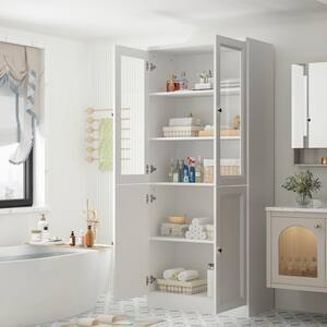 31.5 in. W x 15.7 in. D x 70.9 in. H White Wood Freestanding Bathroom Linen Cabinet with Tempered Glass Door, Shelves