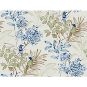 Green and Blue Handpainted Songbird Matte Non Woven Paper Peel and Stick Wallpaper Roll