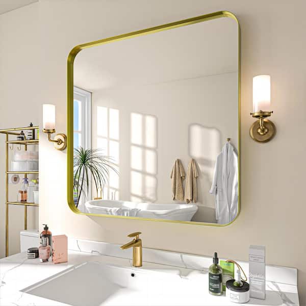 TOOLKISS 36 in. W x 36 in. H Rectangular Aluminum Framed Wall Bathroom Vanity Mirror in Gold
