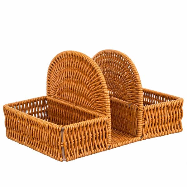 Boho Rattan Napkin Holder with Spice Rack Wicker Dining Table Organizer for Napkins Condiments Utensils