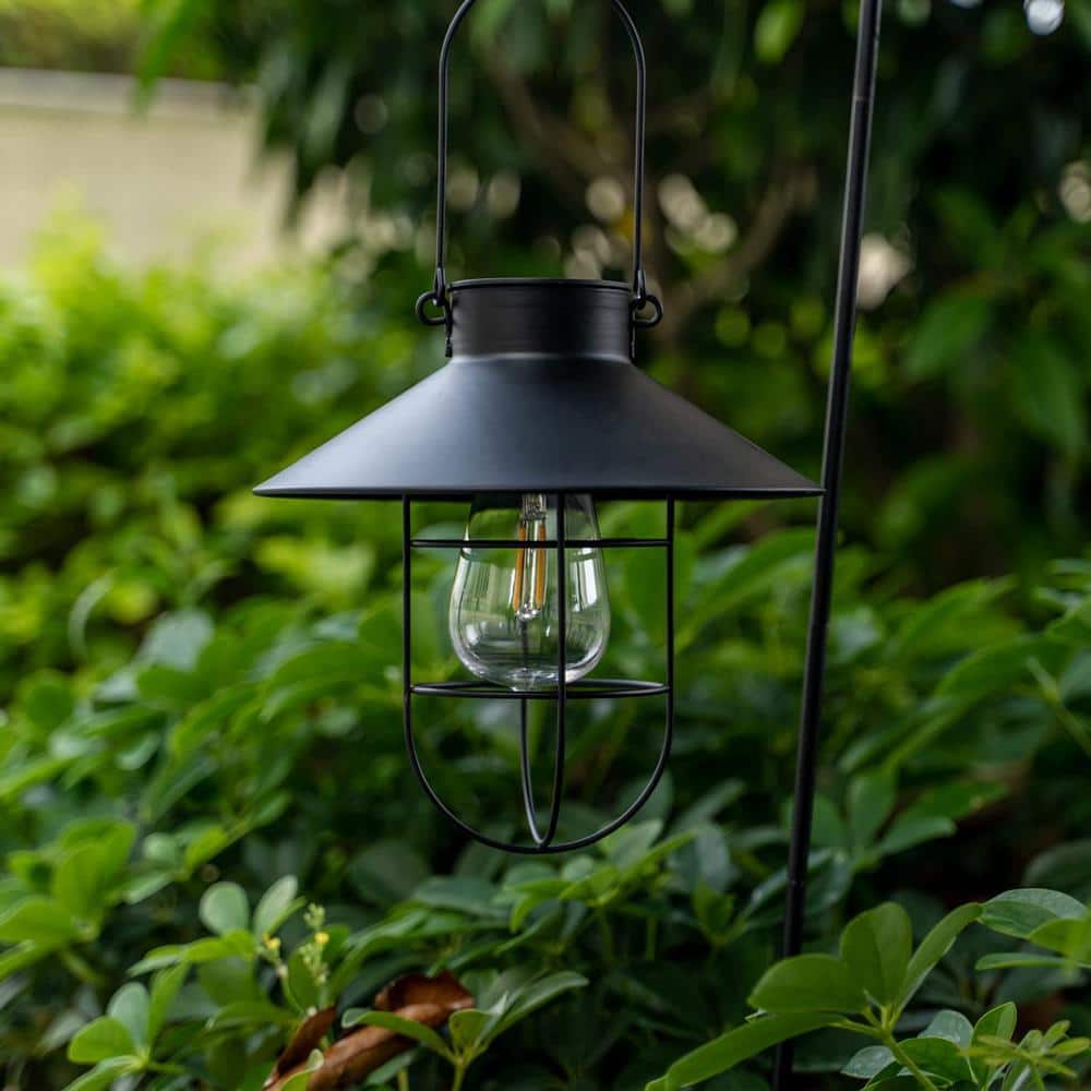 Black Solar Metal Hanging Lanterns with Shepherd Hooks, Set of 2