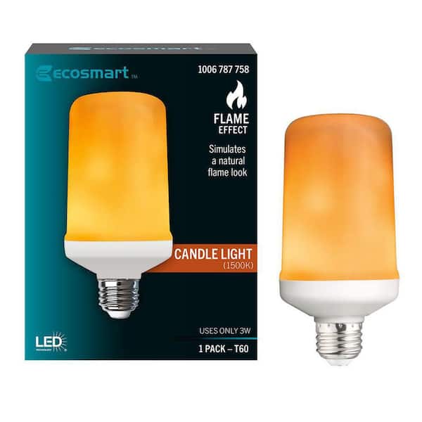 EcoSmart 3-Watt Equivalent T60 Cylinder Flame Effect Design E26 Medium Base LED Light Bulb Amber (1-Pack)