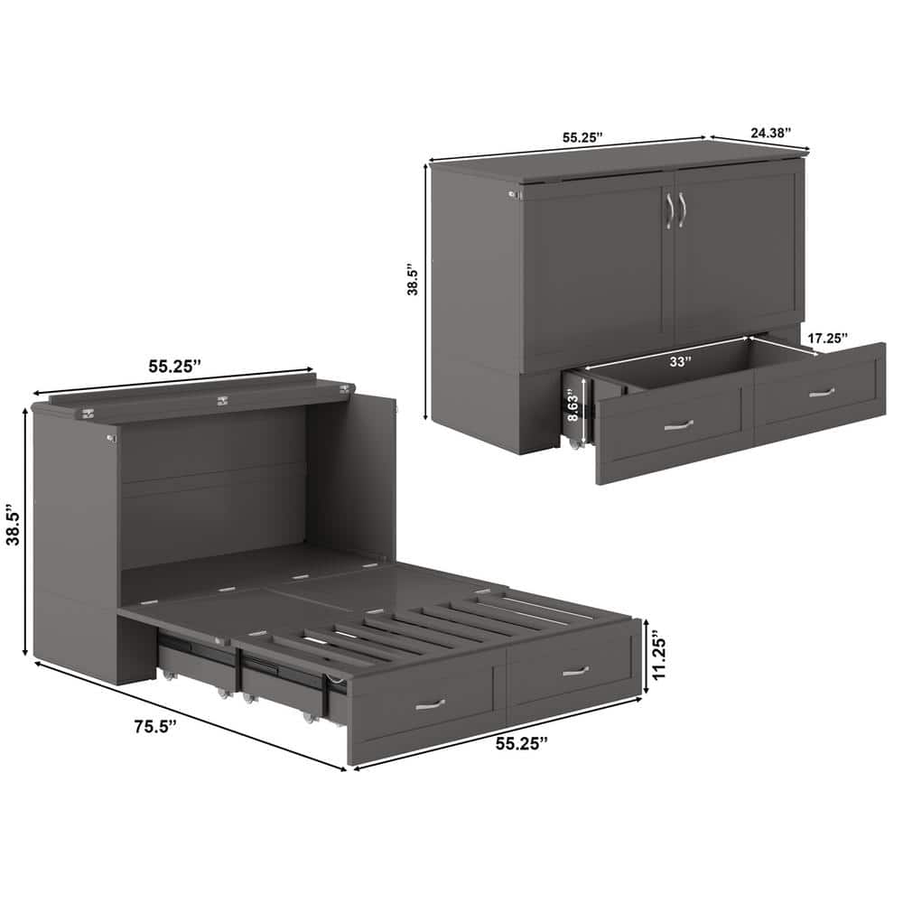 Hamilton Gray Full Murphy Bed Chest with Storage Drawer