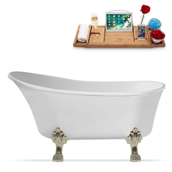 Streamline 55 in. x 26.8 in. Acrylic Clawfoot Soaking Bathtub in Glossy White, Brushed Nickel Clawfeet, Matte Pink Drain
