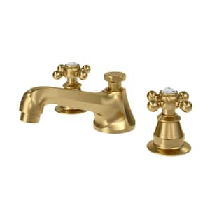 Classic Widespread Deck Mount Lavatory Faucets F2-0009 With Pop-Up Drain in Satin Gold With Metal Cross Handles