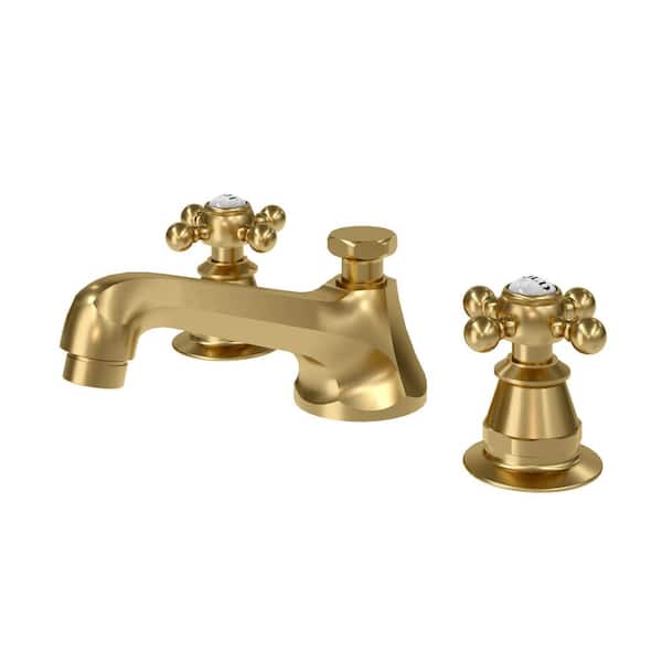 Water Creation Classic Widespread Deck Mount Lavatory Faucets F2-0009 With Pop-Up Drain in Satin Gold With Metal Cross Handles