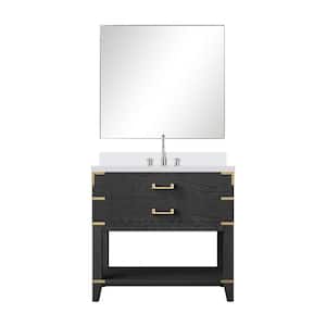 Irvington 36 in. W x 22 in. D Black Oak Single Bath Vanity with White Quartz Top, 34 in. Mirror and Faucet Set