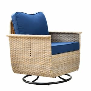 Paradise Cove Biege Wicker Outdoor Rocking Chair with Navy Blue Cushions