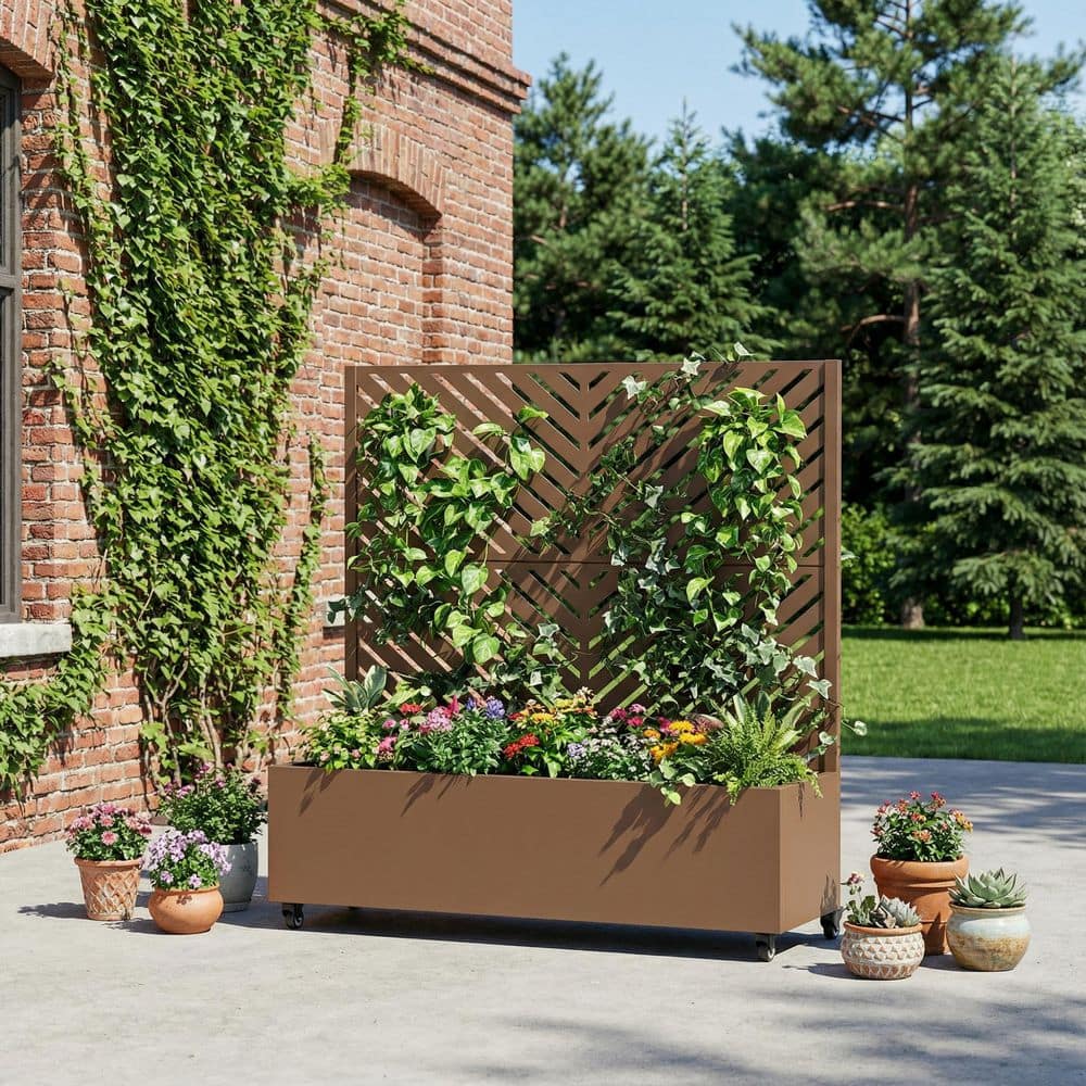 SpassWay Brown Galvanized Steel Planter Box with Trellis and Wheels (47 ...