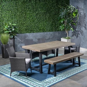 Boden Sandblast Grey 6-Piece Wood and Faux Rattan Outdoor Dining Set with Light Grey Cushions
