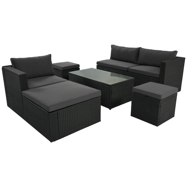 Polibi Gray 5-Piece Wicker Outdoor PE Rattan Sectional Lounger Sofa with Movable Gray Cushion for Backyard, Porch, Pool