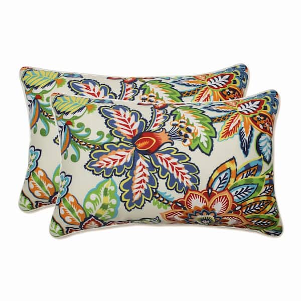 Floral Blue Rectangular Outdoor Lumbar Throw Pillow 2-Pack