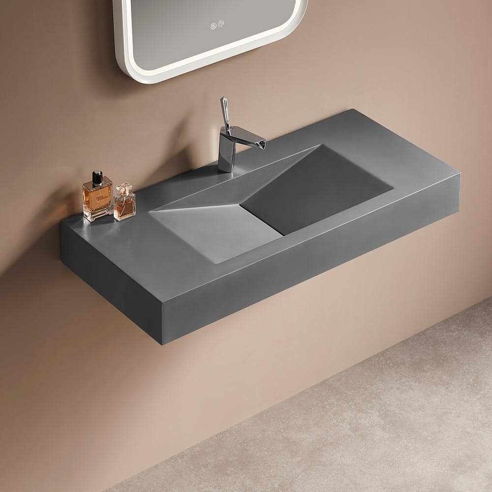 Gray Rectangular Wall-Mount Solid Surface Bathroom Sink