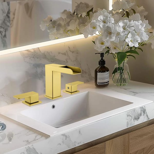 8 in. Widespread Double Handle Bathroom Faucet with Drain Kit Included in Gold