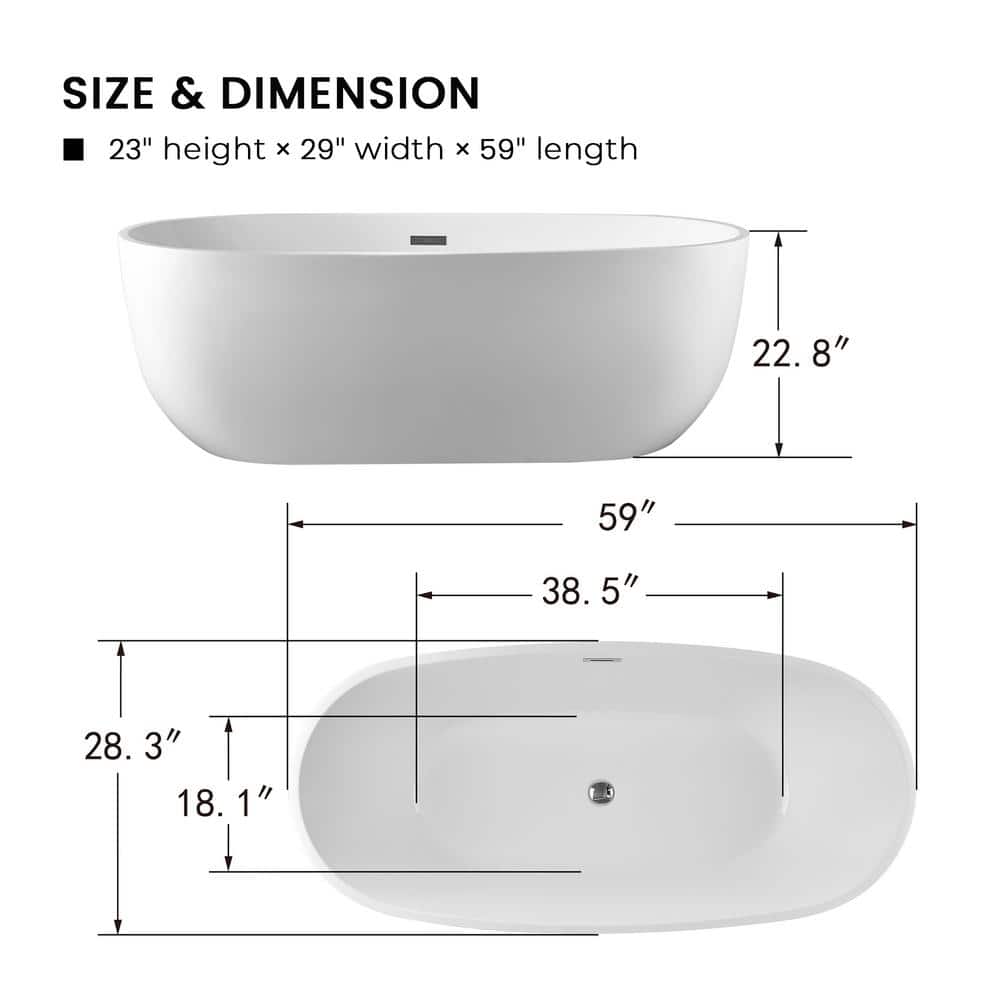 White Acrylic 59" Freestanding Soaking Bathtub with Chrome Drain