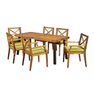 Juniper Teak Brown 7-Piece Wood and Metal Outdoor Dining Set with Green Cushions