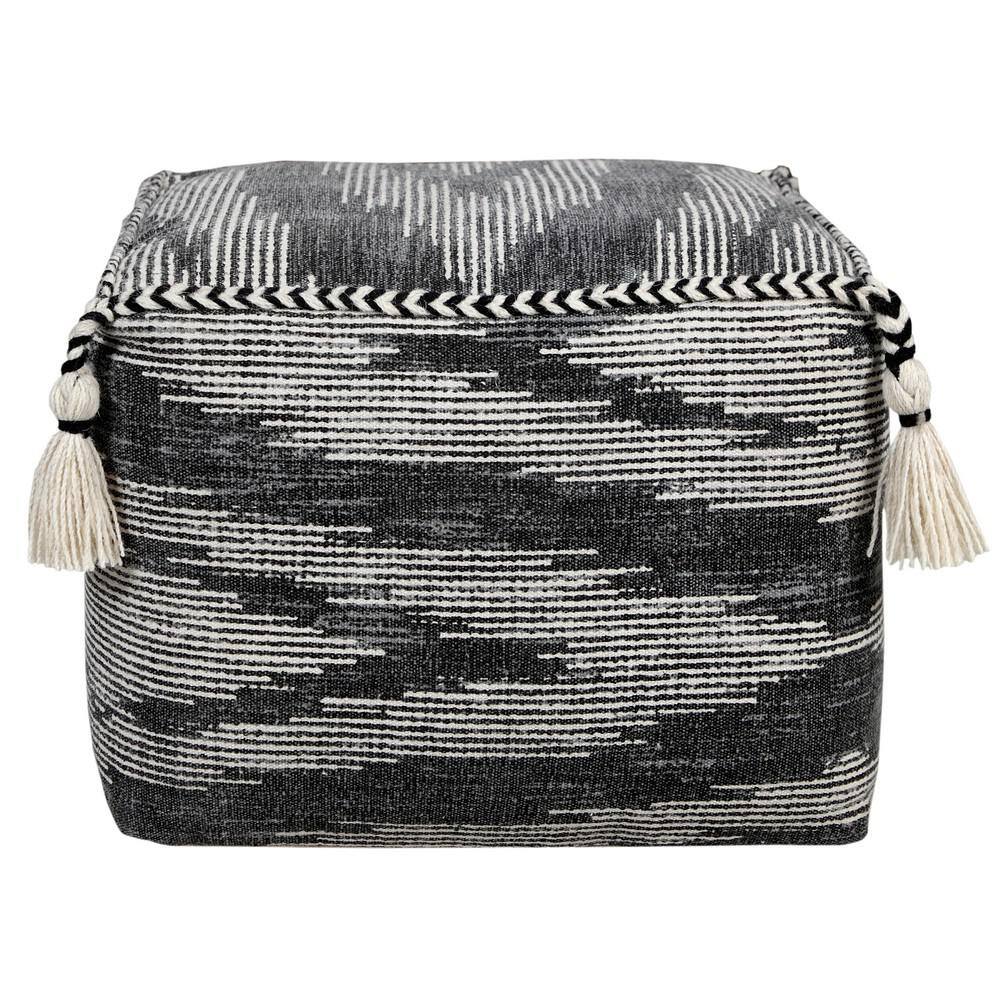 Gray and Ivory Cotton Geometric Pouf with Tassels