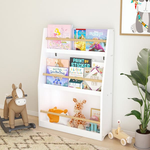Mero 31.88 in. Tall White MDF Wood 3-Tier Freestanding Kids Bookcase with Open Shelves