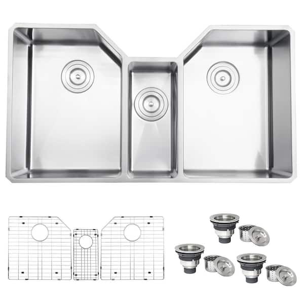 Gravena 35 in. Undermount Triple Bowl 16-Gauge Stainless Steel Kitchen Sink