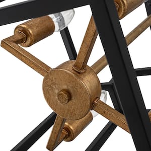 Cubuu 13.8 in. 4-Light Black and Aged Brass Rustic Farmhouse Caged Square Semi-Flush Mount Kitchen Ceiling Light Fixture