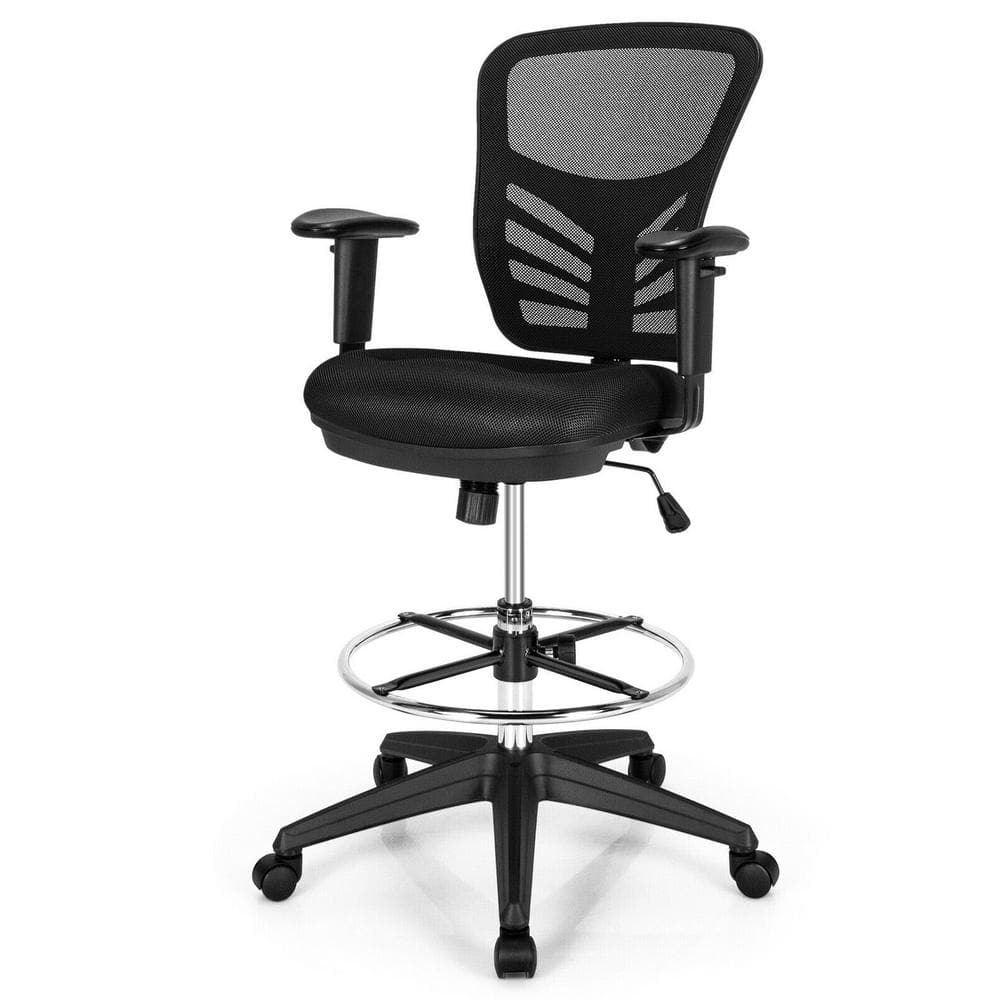 Black Mesh Adjustable Swivel Drafting Chair with Foot-Ring
