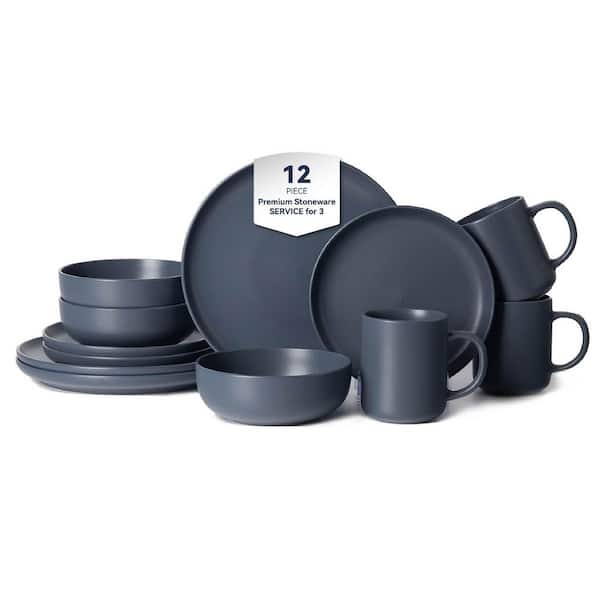 12-Piece Stoneware Dinnerware Set with Mugs (3-Person Use) in Blue