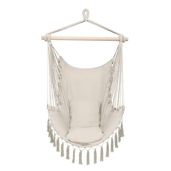 Karl home 37.4 in. Tassel Hammock Chair with 2-Pillows in Beige
