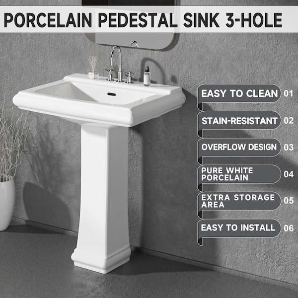 WetBase 26 in. W Rectangular Pedestal Sink in White Ceramic