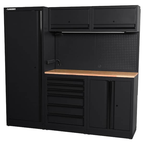 80.1 in. W x 76 in. H x 18.1 in. D Steel 8-Piece Garage Storage System in Matte Black with Solid Wood Worktop