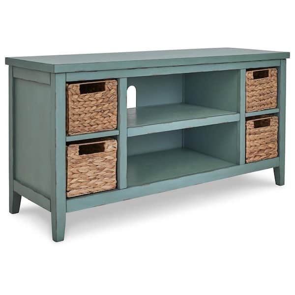 Benjara 47.12 in. Blue and Brown Wood TV Stand Fits TVs up to 50 in. with Open Shelf and 4-Baskets