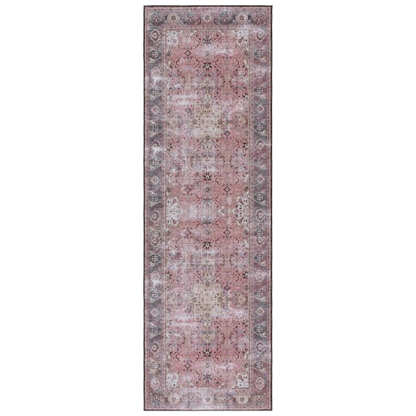 SAFAVIEH Tucson Pink/Beige 3 ft. x 8 ft. Machine Washable Medallion Floral Border Distressed Runner Rug