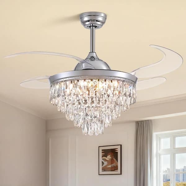 48 in. Modern Indoor Chrome Standard Crystal Ceiling Fan with Light and Remote, Chandelier Ceiling Fan Downrod Mount