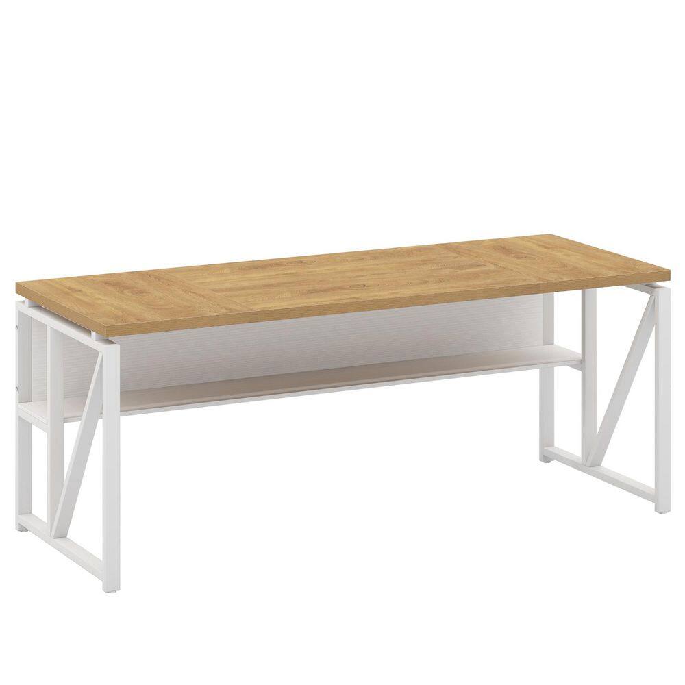 Moronia 63 in. Rectangular Light Brown and White Engineered Wood Computer Desk with Storage Shelf, Home Office Desk
