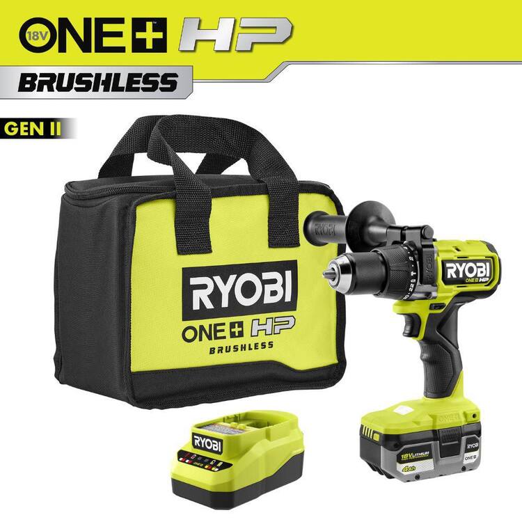 RYOBI ONE+ HP 18V Brushless Cordless 1/2 in. Hammer Drill Kit 4.0 Ah HIGH PERFORMANCE Battery, Charger, and Bag