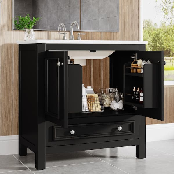 30 in. Single Sink Freestanding Black Bath Vanity with White Ceramic Top Unassembled