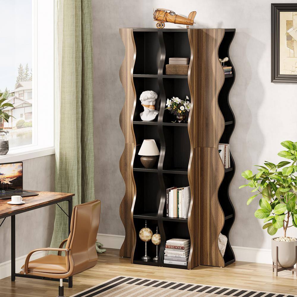 70 in. Tall Cherry Wood 6-Shelf Corner Bookcase with Display Shelves Storage Organizer for Living Room, Home Office