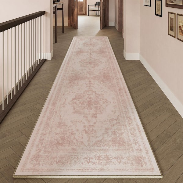 Persia Pink 2 ft. x 8 ft. Vintage Medallion Distressed Runner Rug