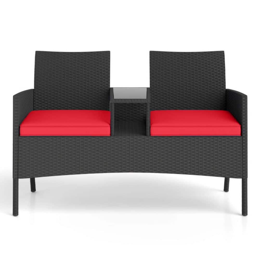 1-Piece Wicker Patio Conversation Set with Loveseat, 2-Tier Storage Built-in Table and Red Cushions price history on PriceWatchPro