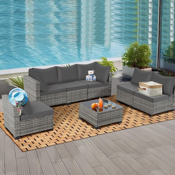 7-Piece Patio Light-Gray PE Wicker Furniture Outdoor Sectional Conversation Set with Coffee Table & Cement-Gray Cushions