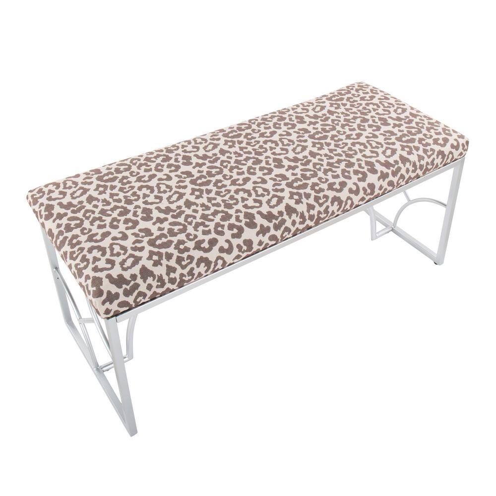 Silver Metal Beige Leopard Print Fabric Bench