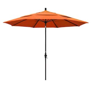 11 ft. Bronze Aluminum Market Patio Umbrella with Collar Tilt Crank Lift in Tangerine Sunbrella