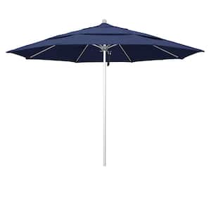 11 ft. Silver Aluminum Commercial Market Patio Umbrella with Fiberglass Ribs and Pulley Lift in Navy Blue Olefin