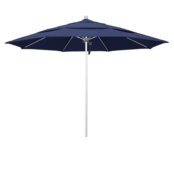 California Umbrella 11 ft. Silver Aluminum Commercial Market Patio Umbrella with Fiberglass Ribs and Pulley Lift in Navy Blue Olefin