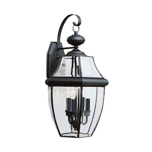 Lancaster 3-Light Black Outdoor 23 in. Wall Lantern Sconce with Dimmable Candelabra LED Bulb