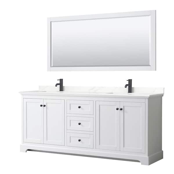 Wyndham Collection Avery 80 in. W x 22 in. D x 35 in. H Double Bath Vanity in White with Giotto Quartz Top and 70 in. Mirror